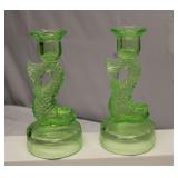 Tiffin Uranium Vaseline Glass Koi Candleholders 8"