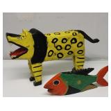 Hand Carved Folk Art Lion & Fish