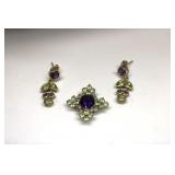 10K Gold Amethyst Peridot Pendant & Earrings Set