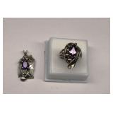 Vintage Sterling Silver Amethyst Ring & Pendant
