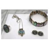 Sterling Silver Abalone Necklace Earrings Ring Set