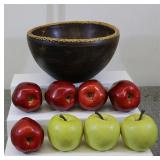 Antique Wood Bowl & Fake Apples