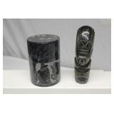 Vintage Carved Soapstone Lidded Jar & Warrior