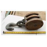 antique wooden block and tackle double pulley