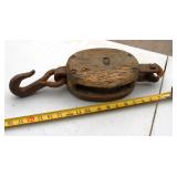 Antique wooden block and tackle double pulley