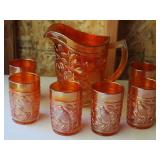 Imperial Marigold Robin Carnival Glass Pitcherset