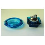 Viking Blue Glass Lighter & Ashtray