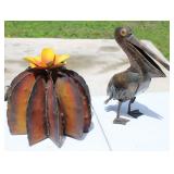 Metal Pelican and Cactus Garden Art