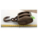 antique wooden block and tackle double pulley