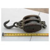 antique wooden block and tackle double pulley