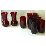 Fire King Ruby Red Tumblers & 2 Vases Lot