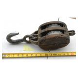 antique wooden block and tackle double pulley