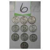 1920-1940 Walking Liberty Half Dollar Coins set 10