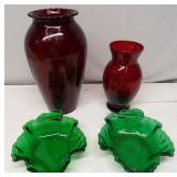 Vintage Ruby & Green Vases & Plates 9.5"