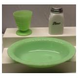 Jadeite Laurel bowl * Tumbler & Mckee Deco Shaker