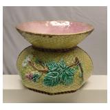 Majolica Pottery Spittoon Cuspidor Weave & Flower