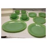 Jadeite dinnerware in the Jane Ray pattern