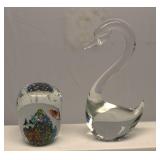 Clear Glass Swan & Fish Paperweight