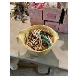 Vintage Clothespins in Yellow Pottery Mixing Bowl