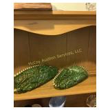 Pair Green Glass Leaf-Shape Relish Dishes