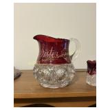 Antique Ruby-Stain Souvenir Glass Pitcher and Cup