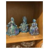 Three Fenton Blue Carnival Glass Lady Figurines