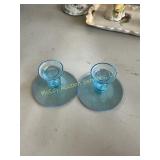 Pair Blue Depression Glass Candle Holders
