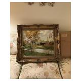 1973 Powell Acrylic Barn and Pond Autumn Scene