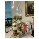 Pair Brass Hurricane Lamps with Glass Chimneys