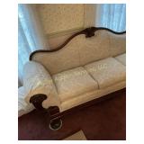 Victorian Carved Mahogany Sofa, Cream Damask