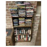 Large Lot of DVDs, Blu-rays, VHS & Wood Shelf