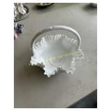 Hobnail milk glass ribbon edge basket