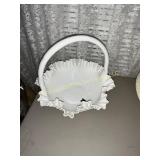 Fenton White Milk Glass Hobnail Ruffled Basket