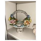 Capodimonte Porcelain Flower Basket, Twisted Hande
