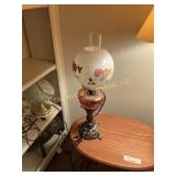 Antique Brass Banquet Lamp, Hand-Painted Floral