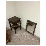Antique Oak Side Table and Carved Frame Wall Mirrr