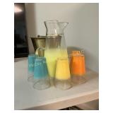 Vintage Frosted Two-Tone Glass Pitcher and 6 Tumbs