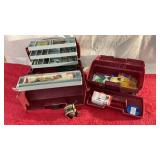 Fishing tackle boxes with tackle and zebco reel