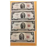 4 two dollar bills, red seal