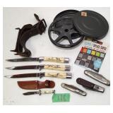 Misc Knives, vtg film reel, etc.
