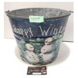 Handpainted Happy Winter Galvanized Bucket