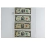 Four US Federal Reserve Two Dollar Notes