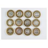 Twelve .999 Fine Silver Casino Gaming Tokens