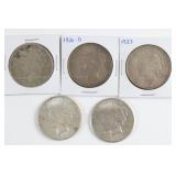Five Silver Peace Dollars