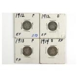 (4) Seated Liberty Dimes. 1912, 13, & 14