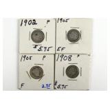 (4) Seated Liberty Dimes. 1902, 1905, & 1908