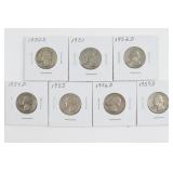 (7) 1950s Silver Washington Quarters