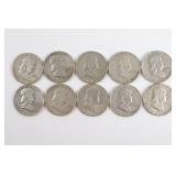 Lot of (10) Franklin Half Dollars