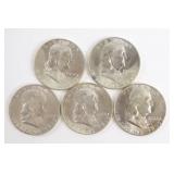 Lot of (5) Franklin Half Dollars