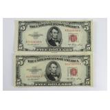 (2) Series 1953 Five Dollar Red Seal